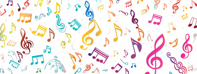 Abstract Colorful musical notes long narrow white background, Colorful music notes sound melody grunge.
