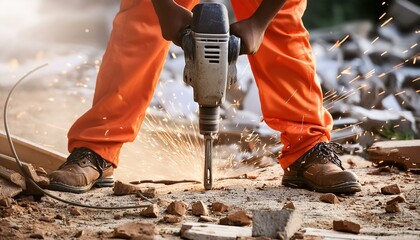 Close-up of a worker's legs in orange pants operating a jackhammer on a construction site, with sparks and debris flying around.
