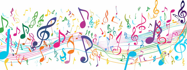 Abstract Colorful musical notes long narrow white background, Colorful music notes sound melody grunge.