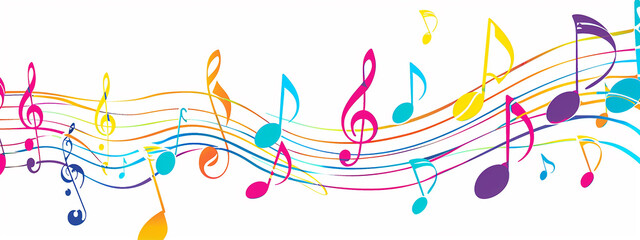 Abstract Colorful musical notes long narrow white background, Colorful music notes sound melody grunge.