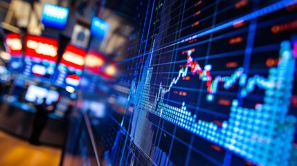 Detailed view of a stock market display showing various financial data, graphs, and numbers.