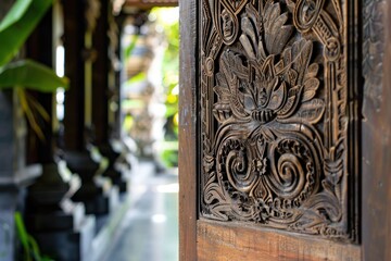 Hand-carved wooden door is ajar. Interior design element in a hotel in Bali
