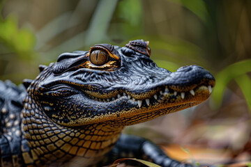 Fototapeta premium Close up portrait of crocodile in natural habitat. Alligator is waiting for prey