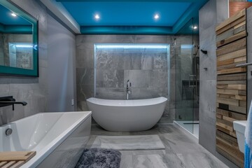 Modern bathroom with a freestanding bathtub, grey walls and a blue accent color 