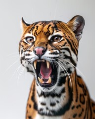 Mystic portrait of Amazon Ocelot, copy space on right side, Anger, Menacing, Headshot, Close-up View Isolated on white background