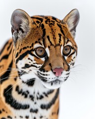 Obraz premium Mystic portrait of Amazon Ocelot, copy space on right side, Anger, Menacing, Headshot, Close-up View Isolated on white background
