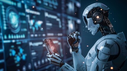 Fototapeta premium A robot holding a cell phone, displaying technology and communication.