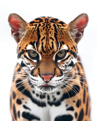 Mystic portrait of Southeastern Ocelot, copy space on right side, Anger, Menacing, Headshot, Close-up View Isolated on white background