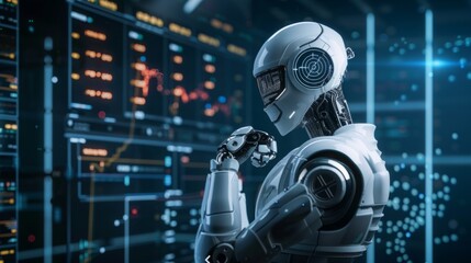 A robot is positioned in front of a wall, showcasing its mechanical features. The setting is stark and industrial.