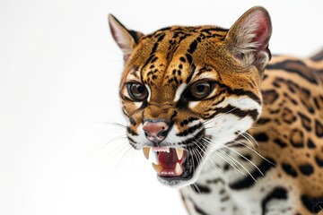 Mystic portrait of Southeastern Ocelot studio, copy space on right side, Anger, Menacing, Headshot, Close-up View Isolated on white background