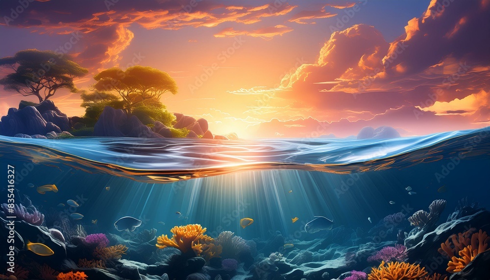 Wall mural design template with underwater part and sunset skylight splitted by waterline - Wall murals