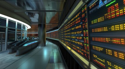A train station filled with passengers, with multiple electronic screens displaying departure and arrival information on the wall.