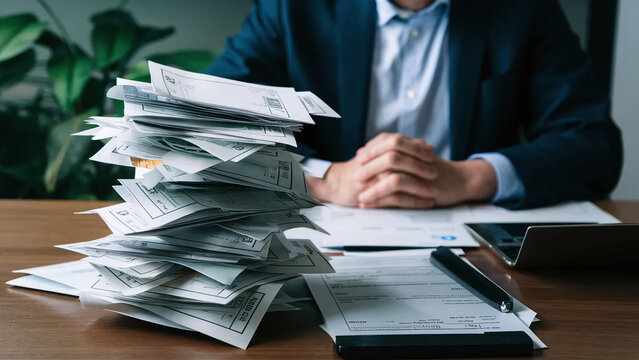 A stack of unpaid bills and invoices on a desk, financial strain and cash flow problems, bankrupt business