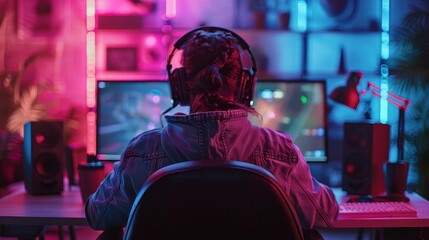 Obraz premium Explore the nocturnal realm of gaming with breathtaking imagery showcasing a gamer navigating virtual worlds in the dimly lit ambiance of a dark room