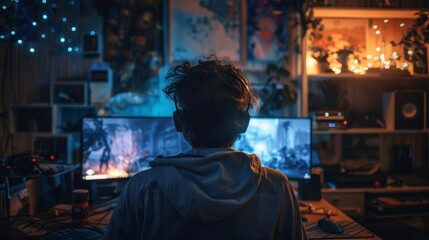 Obraz premium Explore the nocturnal realm of gaming with breathtaking imagery showcasing a gamer navigating virtual worlds in the dimly lit ambiance of a dark room