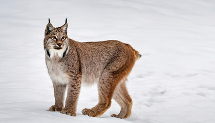 Canada or Canadian lynx - Lynx canadensis - a medium sized wild cat with long, dense fur, triangular ears with black tufts at the tips, and broad, snowshoe like paws. Isolated on white background