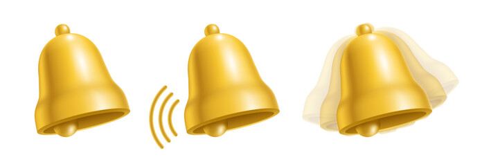 Vector set of three yellow bells showing various stages of ringing, from still to high motion, isolated on a white background.