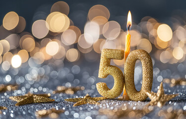 Golden 50th birthday candle celebration glittering decoration festive background milestone anniversary sparkling lights elegant party decoration luxury event special occasion