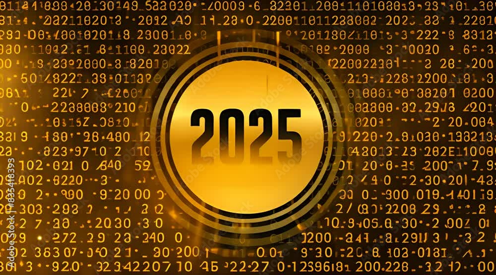Aufkleber 2025 golden number on binary code background animation