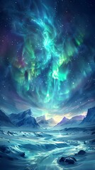 Fototapeta premium Sparkling Diamond Rings Under Northern Lights Fantasy Landscape in Icy Iceland