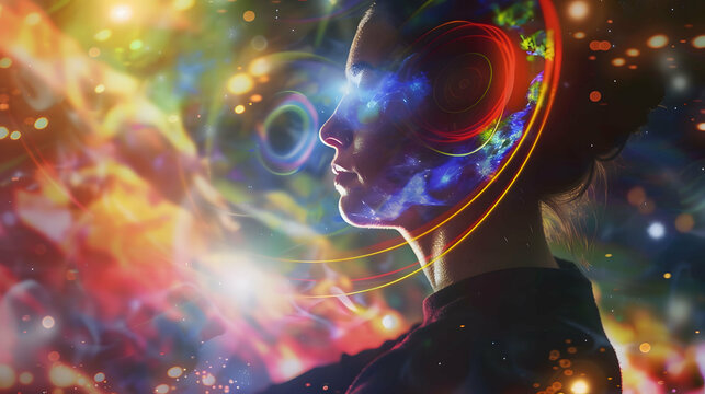 A close-up view of a person meditating with a serene expression, surrounded by vibrant, glowing chakra symbols representing different energy centers.