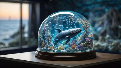Transparent miniature aquarium containing piece of ocean with blue whale swimming inside