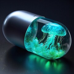 Transparent medical capsule contains miniature glowing  jellyfish