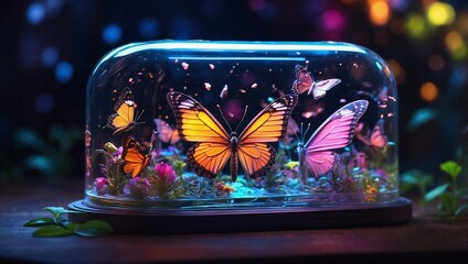 Transparent container with colorful butterflies flying inside
