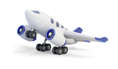 Taking off airplane with blue decor isolated on transparent background. 3D render left front view