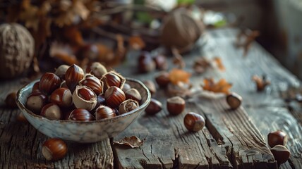 A close-up of fresh chestnuts in their shells scattered on a rustic wooden table with autumn leaves.