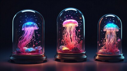 Transparent glass containers with miniature glowing  jellyfish