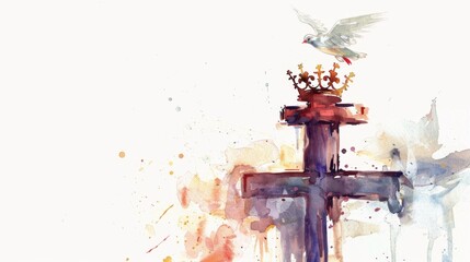 Watercolor Illustration of a Cross with a Crown and a Dove, Generative AI