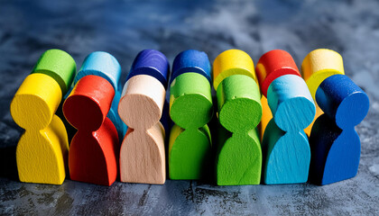 Colorful wooden figures. Diversity and inclusion. Close-up.
