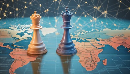 Geopolitics concept image with two chess pieces on a world map representing geopolitical discussion and movement between countries and continents