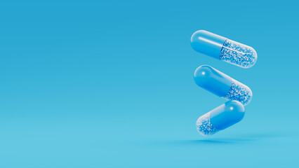 Three blue transparent capsules, pills with blue granules inside float on blue background. Medicinal treatment, tablet, cure concept. Place for text. 3d render illustration