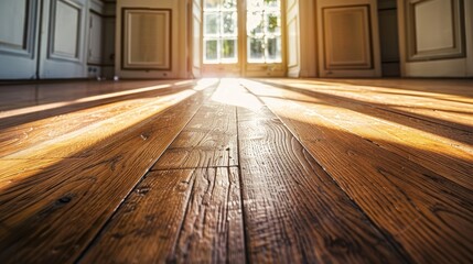 Bare wooden floor up close and the ceiling and doors of a room reflecting light