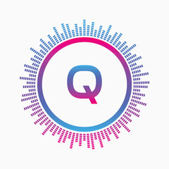 letter Q Logo with Pulse music player element. Logo template electronic music, equalizer, dj, nightclub, disco. Audio wave logo concept, Multimedia
