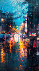 Fototapeta premium blurry city lights through a rainy window at night