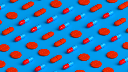 Many blue red capsules, tablets and pills on blue background, tablet grid. Drug, tablet, pills top flat view. 3d render illustration