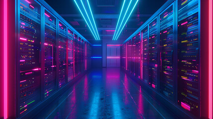 Fototapeta premium Vibrant data center: Operational server racks modern tech emphasis Dark backdrop with neon blue pink lights Futuristic ambiance 