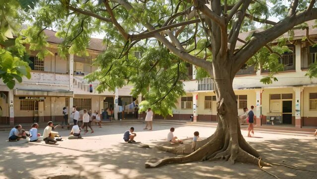 Group of students sitting under a tree in a courtyard, engaged in studying and conversations, A school building with students studying under a tree in the courtyard