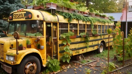 An old school bus covered in plants, transformed into a greenhouse in a state of decay, A school bus turned into a greenhouse with plants growing on the roof and sides - Powered by Adobe