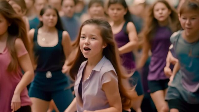 A group of students awkwardly dancing together at a school event, A school dance with students dancing awkwardly but enthusiastically