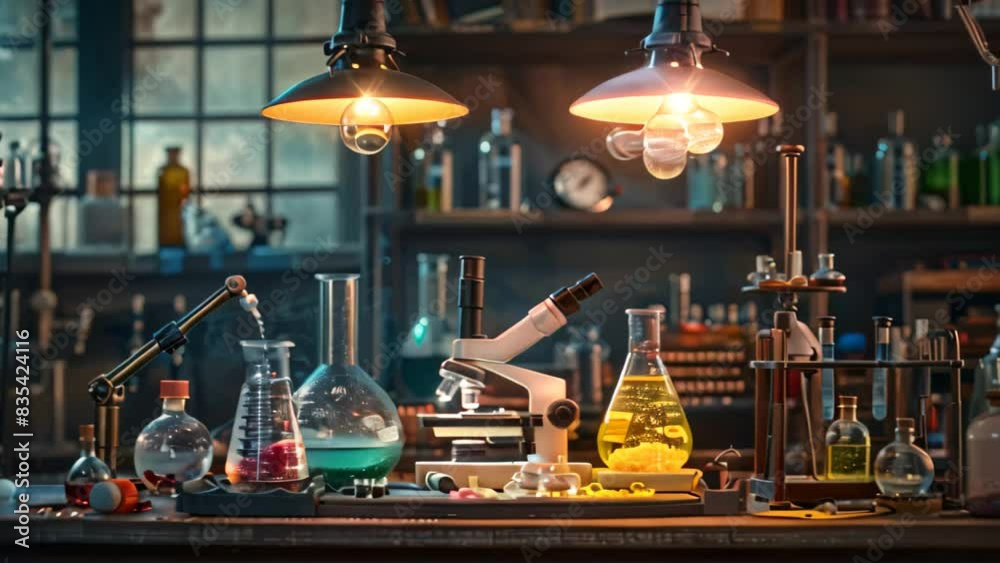 Poster a table in a science lab is covered with numerous bottles filled with various liquids, a science lab
