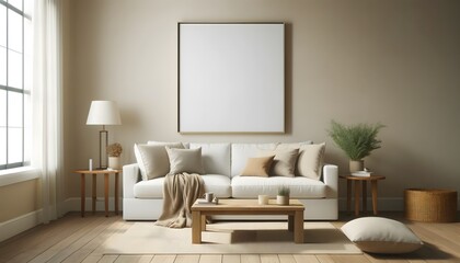 A cozy room with a blank poster on the wall, featuring a comfortable sofa, wooden furniture, and neutral decor.
