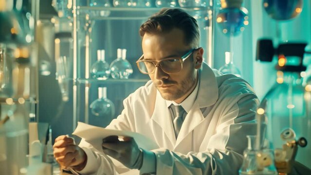 A man in white lab coat and glasses working with various equipment and test tubes in a laboratory setting, A scientist surrounded by test tubes and equipment