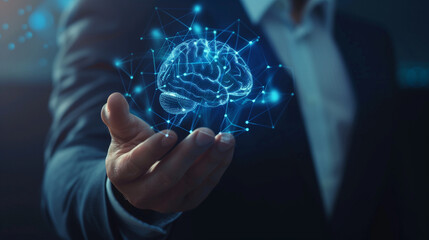 Business people holding a brain hologram in their hands represent the new AI technology is useful in the busines and marketing too