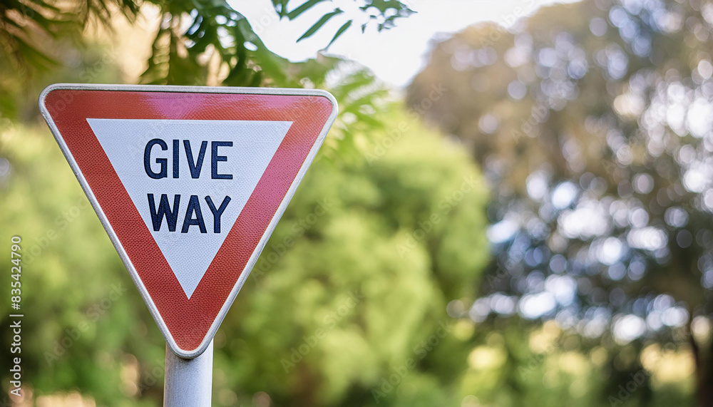 Canvas Prints Traffic sign 'give way' on natural green blurred backdrop.