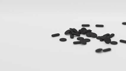 Black tablets on white background with shallow DOF. Drugs, pills, tablets, medicine concept. 3d render illustration