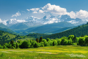 Fototapeta premium Lush Green Valley with Mountains and Wildflower Meadow